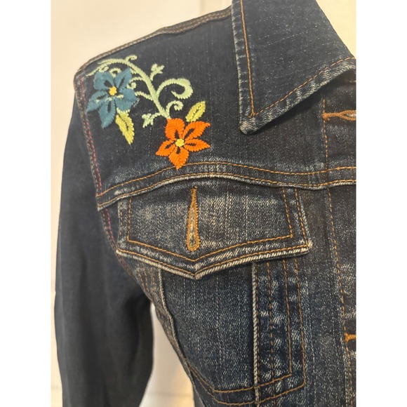 Harley Davidson Womens Denim Jacket‎ Embroidered Flowers Bird Red Script Size S - Picture 5 of 8